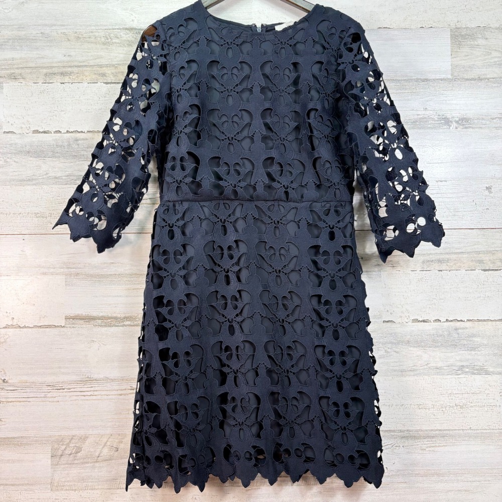 Ann Taylor LOFT Navy Blue‎ Floral Guipure Lace Crochet Shift Dress 6 Cocktail